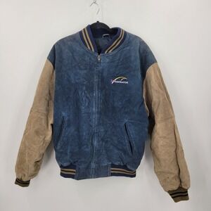 Vtg PORT AUTHORITY Mens Genuine Leather SNavigator Bomber Jacket XL Blue Varsity
